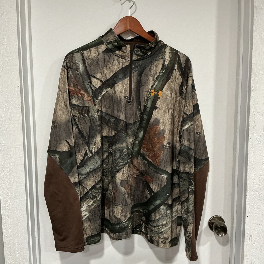 Under Armour Mens Realtree AP Camo Hunting 1/4 Zip Shirt Long Sleeve Brown XL